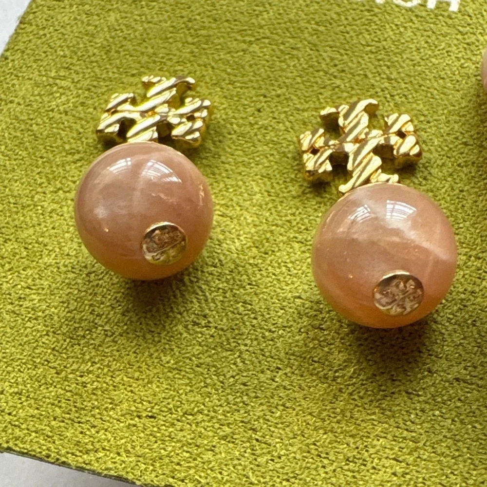 Tory Burch Roxanne Pink Stone Drop Dangle Earrings Gold Tone New